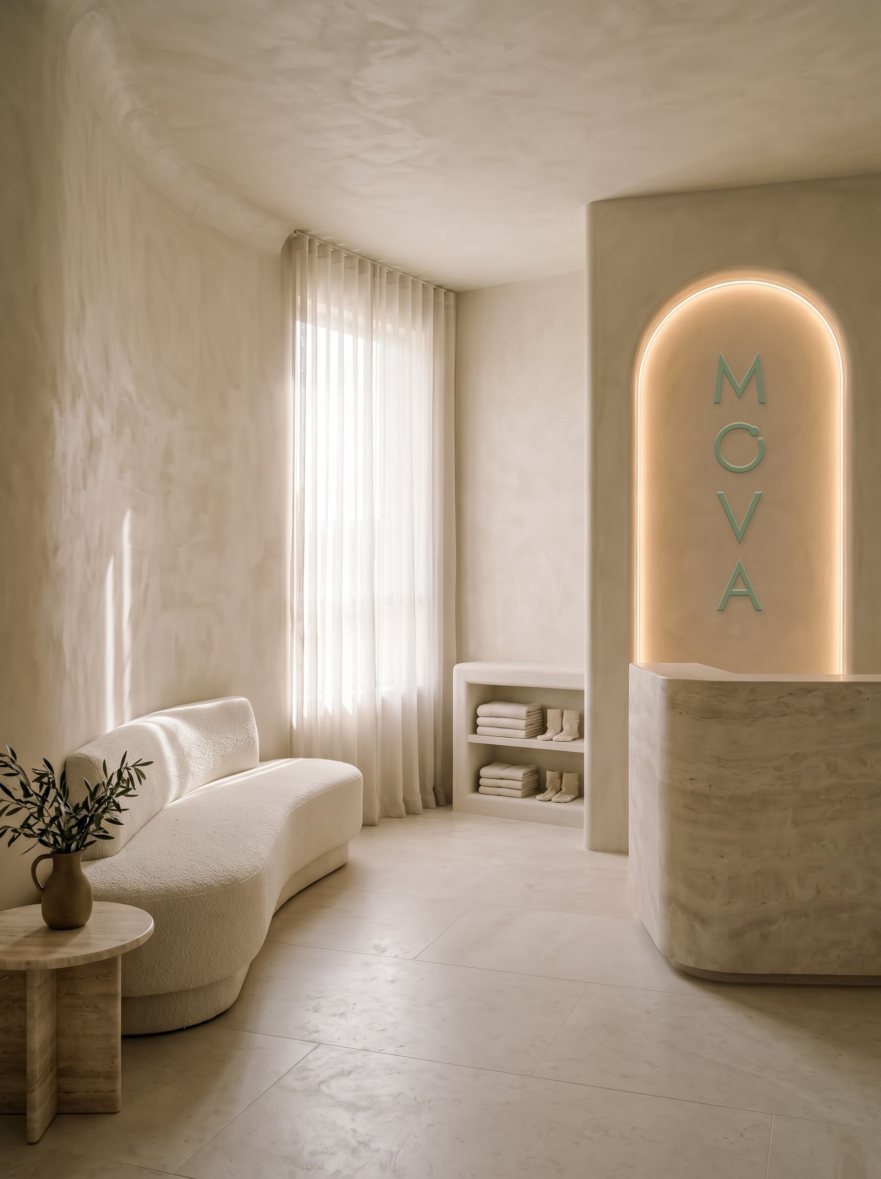 The arrival lounge: a curved bouclé sofa, a travertine desk and the MOVA wordmark in raised sage letters inside a lit arched niche.