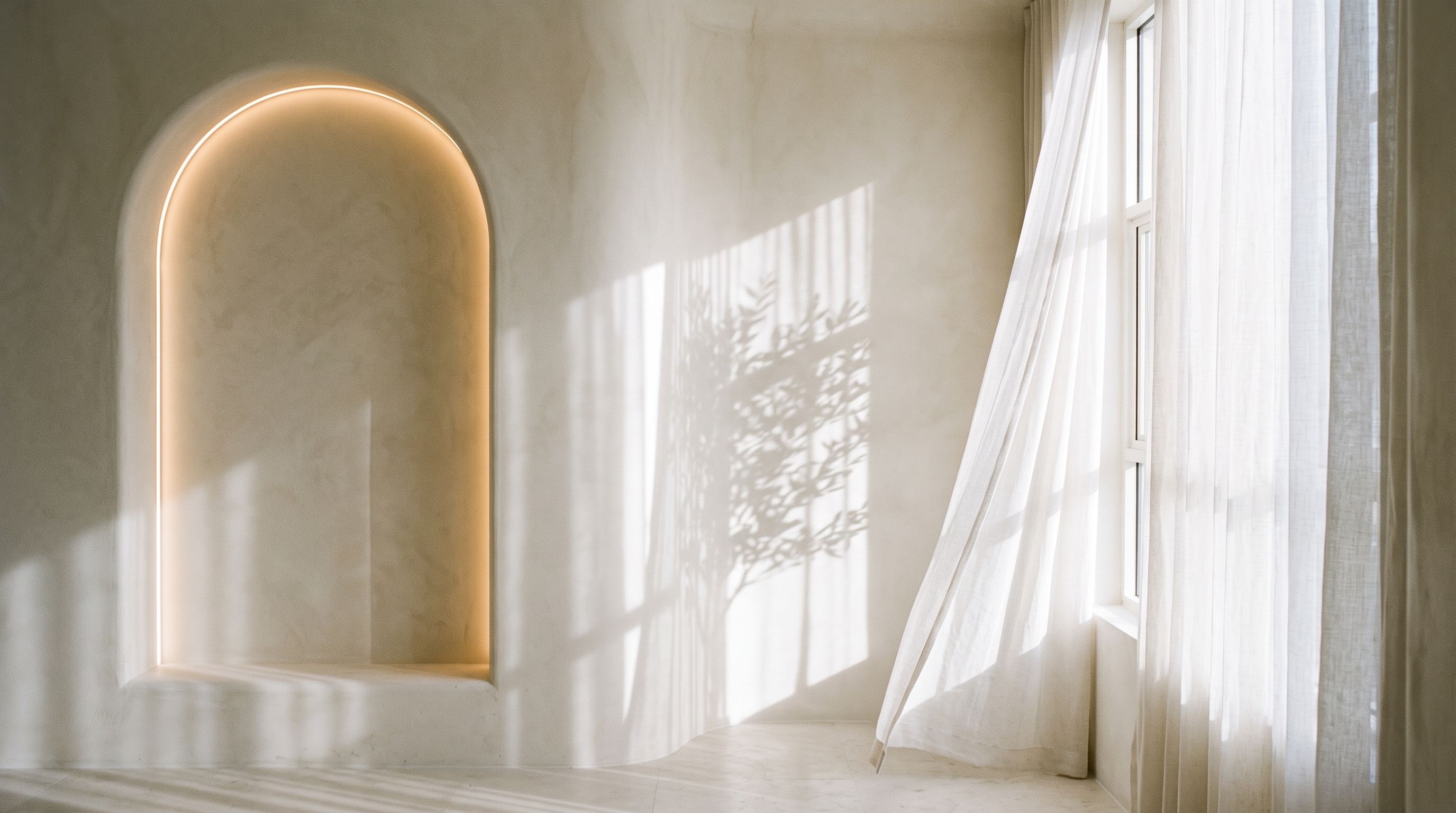 Sheer linen lifting at a window, morning light and olive-leaf shadows across a curved limewash wall beside a lit niche.
