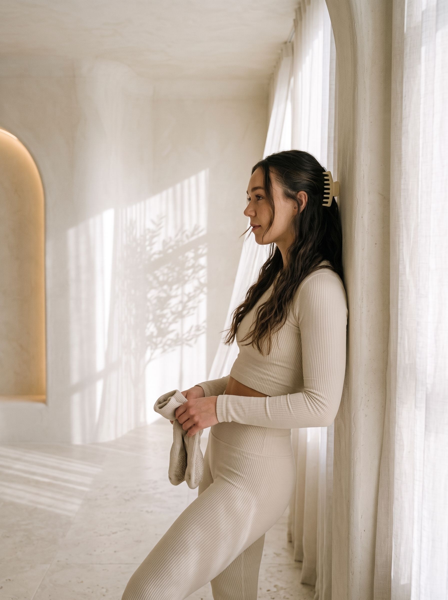 Indi Walsh leaning in a doorway beside the linen curtains, grip socks in hand, looking out of the window.