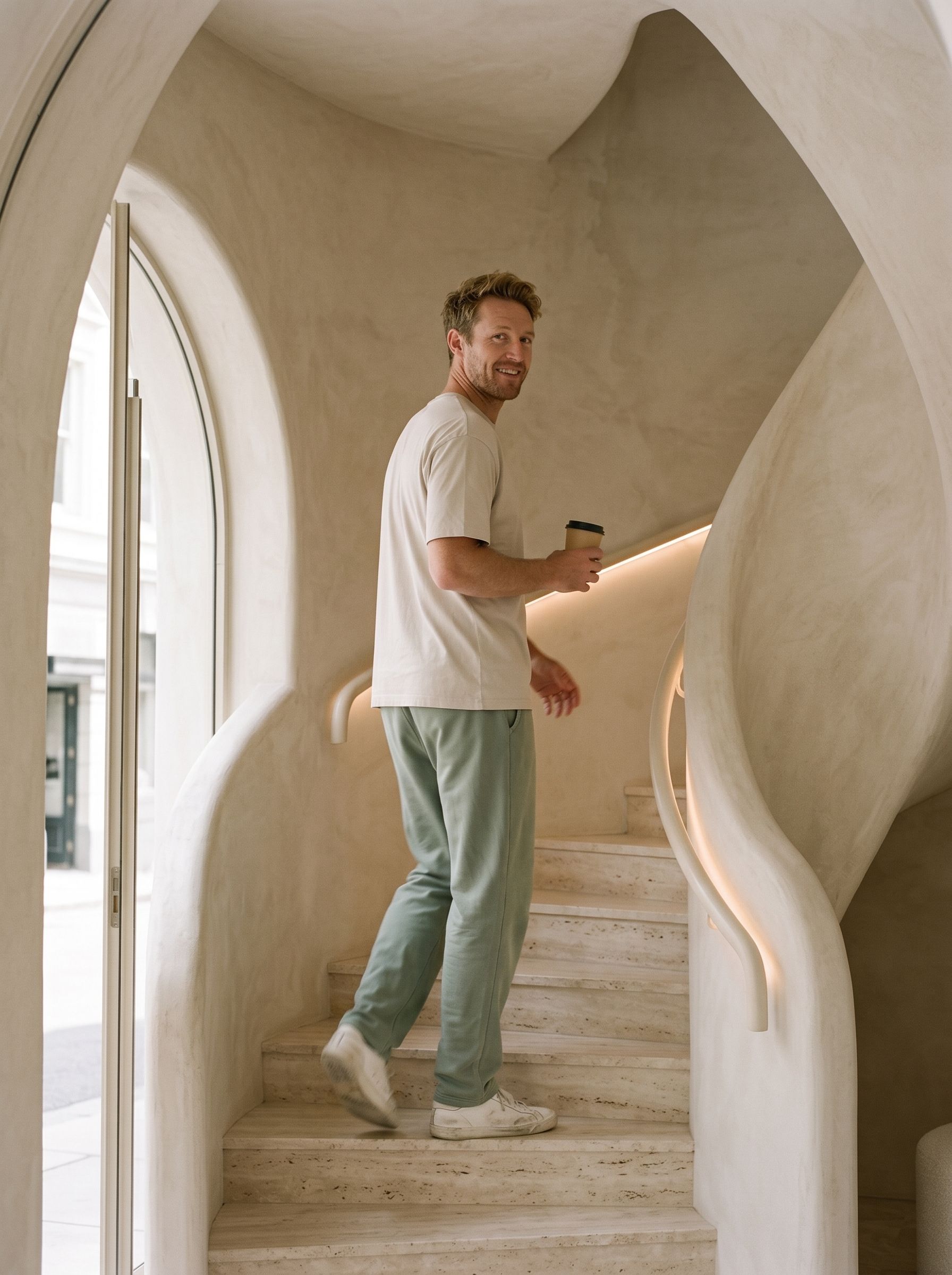 Jack Morrison walking up the curved stair with a takeaway coffee, grinning back over his shoulder.