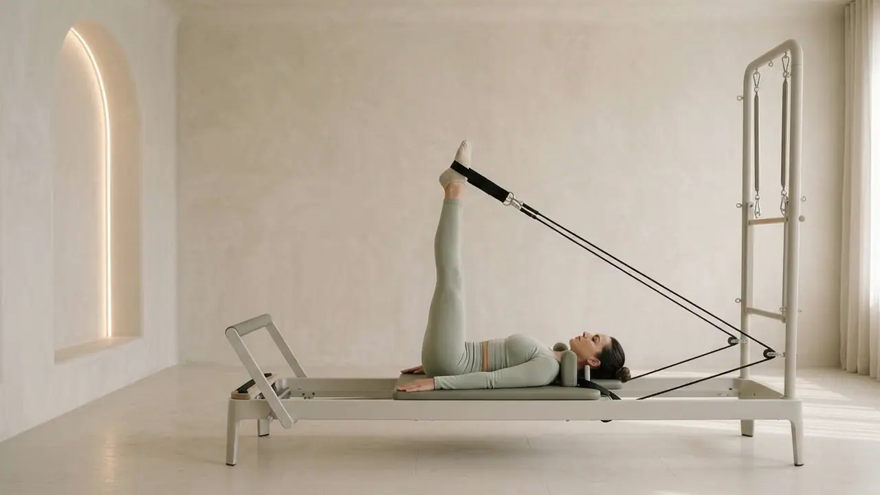 Side view of a client on a tower reformer, feet in straps, legs straight up.